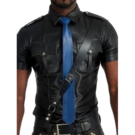 Mister B Leather Tie Stitched Blue - modrá kožená kravata