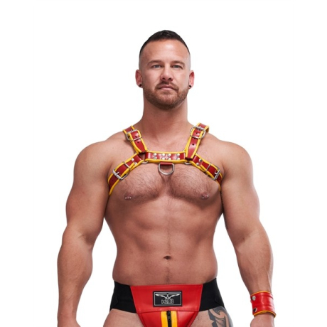 Mister B Leather Circuit Harness Red Yellow - kožený harness