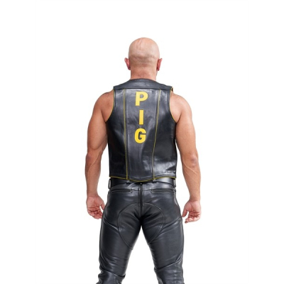 Mister B Leather Muscle Vest Pig Black Yellow - kožená vesta