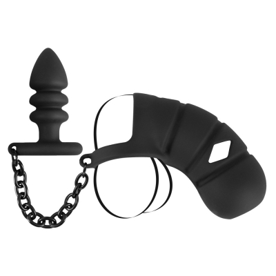 Black Velvets Cock Cage with Butt Plug -  klec na penis, kroužek na koule s análním kolíkem