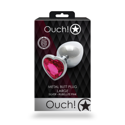Shots OUCH! Heart Gem Butt Plug Large Silver and Rubellite Pink - kovový anální kolík