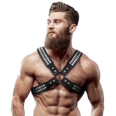 FETISH Submissive ATTITUDE Men's Crossed Chest Eco-Leather Harness With Rivets - postroj