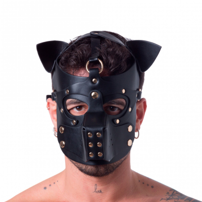 665 Bondage Pup Hood All Black - černá psí maska z eko kůže