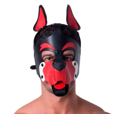 665 Playful Pup Hood Black/Red - černo červená psí maska z eko kůže